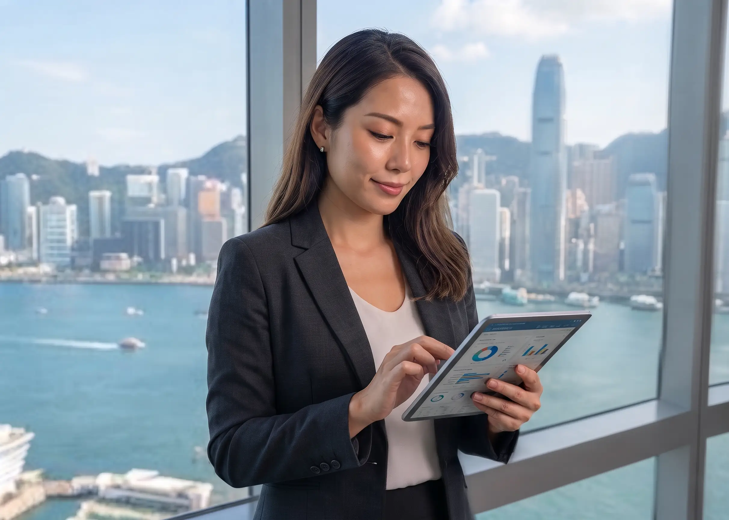 stylish female entrepreneur owner of small boutique shop in Hong Kong Central, browsing tablet, bright ai