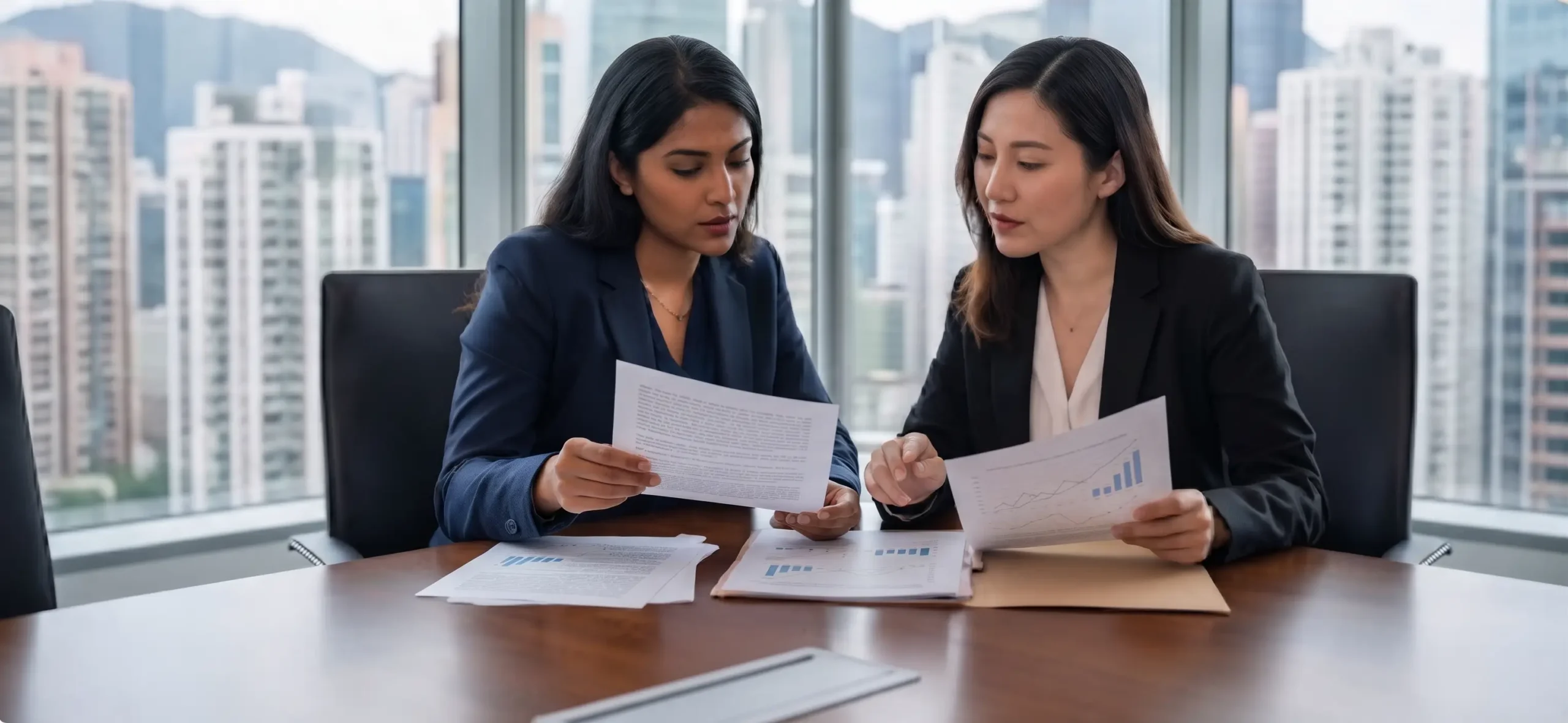 two diverse business professionals reviewing documents together, modern co-working office, bright ed